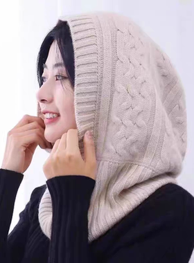 秋冬100%纯羊毛脖套帽子一体针织绞花休闲帽加大加厚百搭保暖围脖