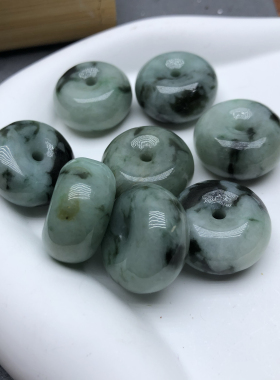 翡翠平安扣面包扣散珠玉环吊坠飘花绿天然A货翡翠DIY配件材料009