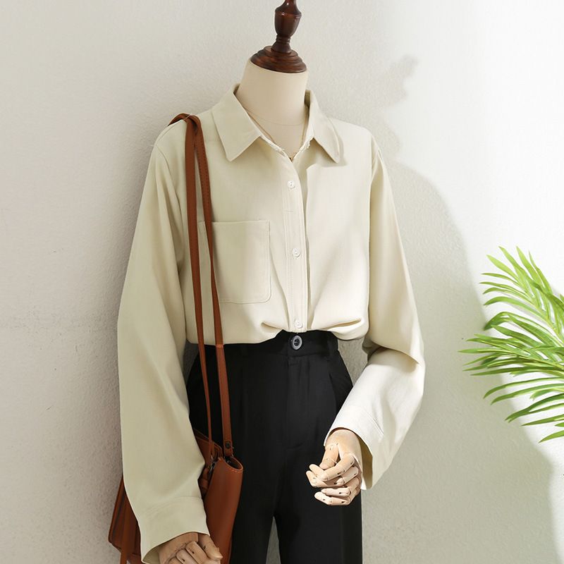 秋冬新款高级感磨毛叠穿长袖翻领衬衫女2024女装直筒单口袋上衣 - 图0