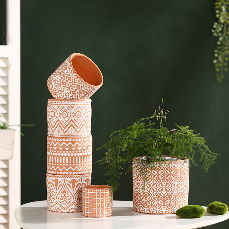 红陶土直筒几何图案机雕花盆 北欧ins风素烧透气大号绿植多肉盆栽,淘宝优惠券,粉丝福利购,淘宝优惠卷