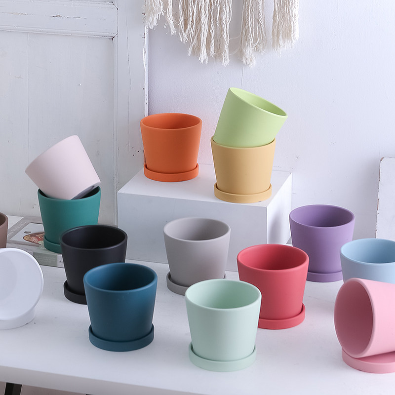 陶瓷多彩简约北欧风ins带托盘圆形素烧花盆鲜花多肉绿萝绿植盆栽,淘宝优惠券,粉丝福利购,淘宝优惠卷