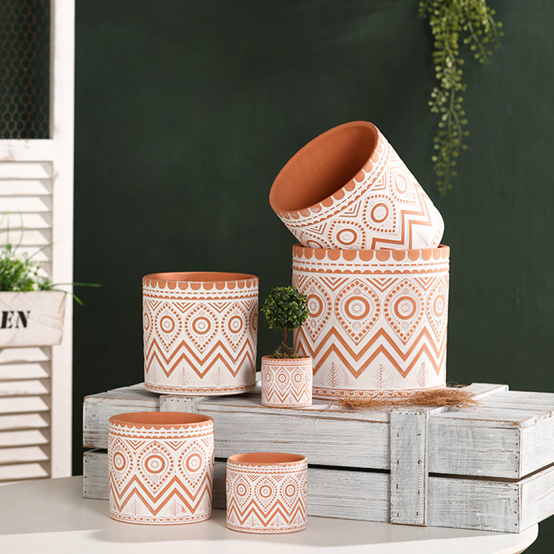 红陶土直筒几何图案机雕花盆 北欧ins风素烧透气大号绿植多肉盆栽,淘宝优惠券,粉丝福利购,淘宝优惠卷