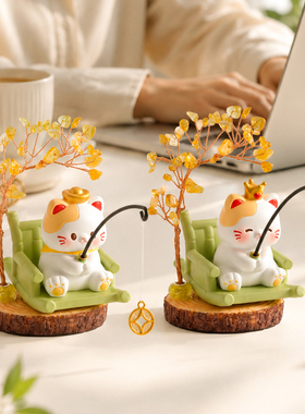 琉璃水晶发财树招财猫摆件