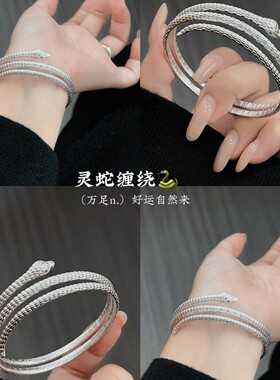 灵蛇纯银手镯9999足银时尚男女情侣轻奢小众高级感多圈银手环礼物