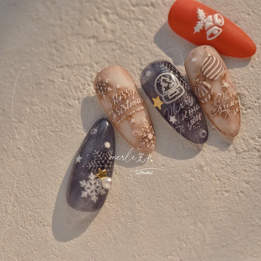 tomoni浮雕美甲贴纸 莫失合作款日系复古指甲贴雪花圣诞MS464 - 图0