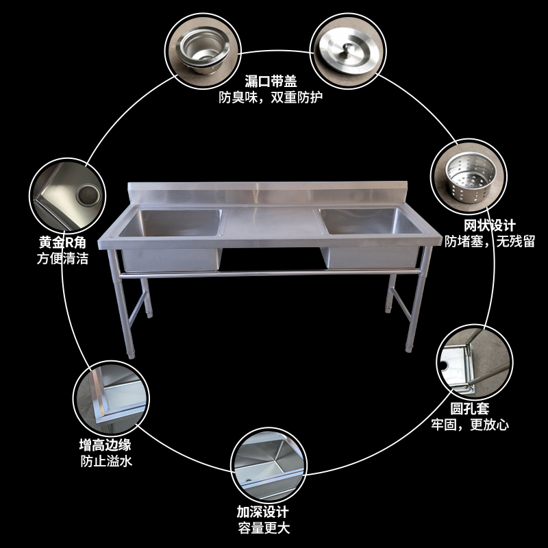 商用不锈钢水槽水池双池带平台洗碗盆洗菜消毒酒店厨房家用 - 图2