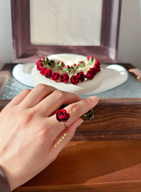 花织田原创设计玫瑰戒指蕾丝线手工微钩花朵森系指环成品