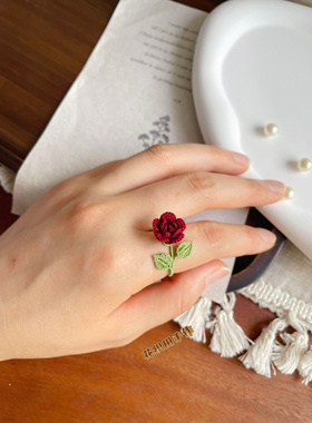 原创设计玫瑰戒指蕾丝线手工微钩花朵森系指环成品