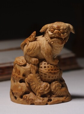 山宁竹舍 纯手工竹根雕三狮绣球摆件