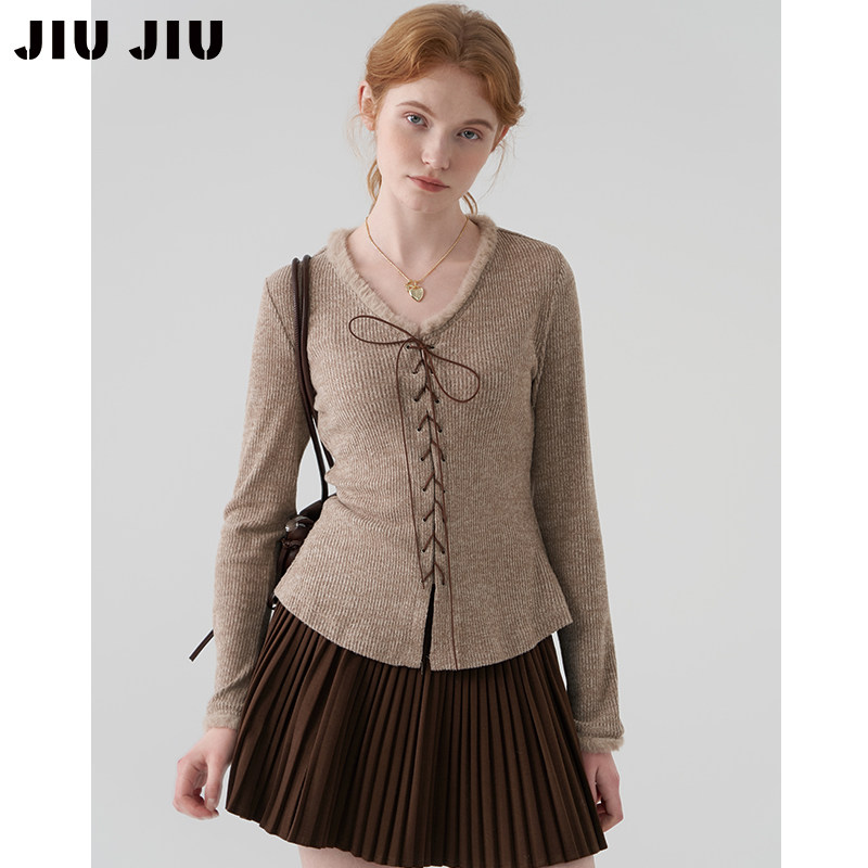 JIUJIU设计感毛毛领系带喇叭袖打底衫女春季显瘦小个子V领上衣,淘宝优惠券,粉丝福利购,淘宝优惠卷