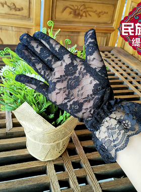 女蕾丝分指手套立体刺绣