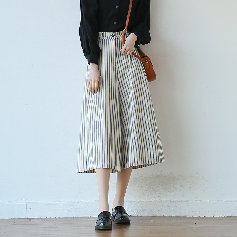 SUIN2023春夏新日系文艺休闲小个子宽松阔腿七分条纹裤子韩版女裤