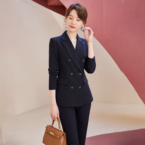 诗璐雅商务正装女长袖西装藏青色双排扣职业套装春秋公考面试西服 - 图0