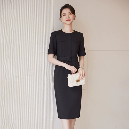 诗璐雅 Черное приталенное платье с коротким рукавом, корсет, летний костюм, длинная юбка, длина миди