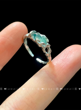 新中式国风枯枝银色绿钻戒指