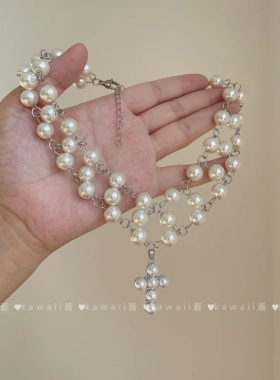 巴克洛设计风叠戴十字架珍珠项链