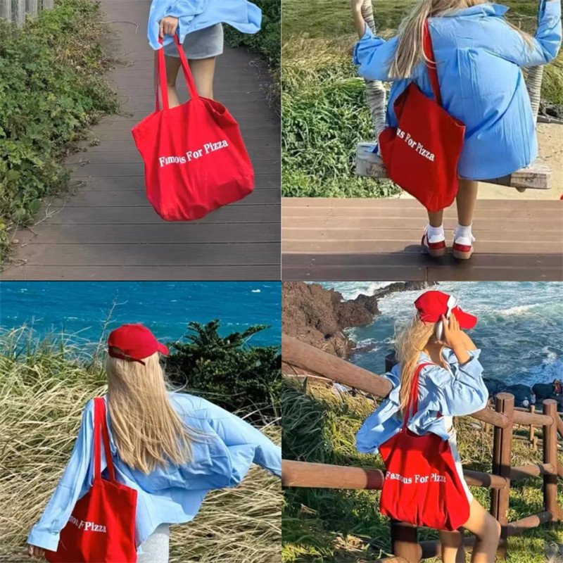 ins韩系红色大容量日常帆布包女字母百搭慵懒风休闲单肩购物布袋