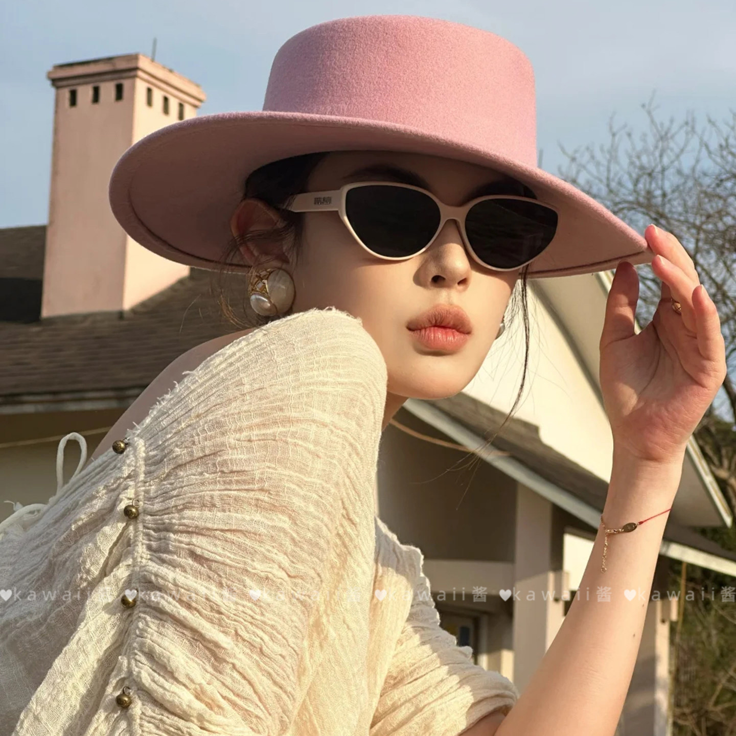 英伦风法式复古粉色平顶礼帽女秋冬氛围感宽檐爵士帽优雅百搭帽子,淘宝优惠券,粉丝福利购,淘宝优惠卷