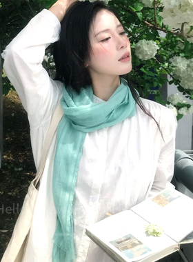 森系文艺风青苹果色丝巾