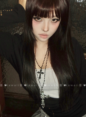 暗黑哥特y2k黑色玫瑰串珠十字架长款项链小众轻奢辣妹毛衣链配饰