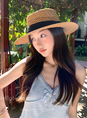 老钱风镂空平顶草帽法式显脸小遮阳防晒礼帽海边沙滩拍照出片帽子