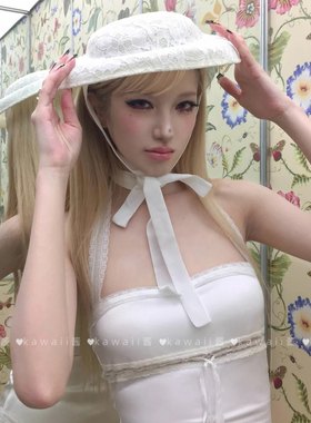 法式赫本风白色蕾丝礼帽