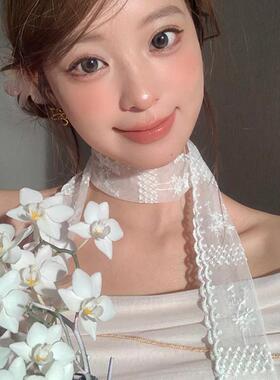 纯欲风白色蕾丝飘带长条丝巾
