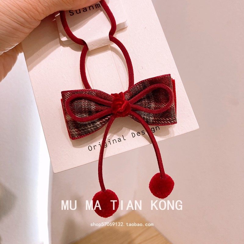 木马天空新年酒红色蝴蝶结发夹毛球装饰氛围感发饰女童发圈皮筋,淘宝优惠券,粉丝福利购,淘宝优惠卷
