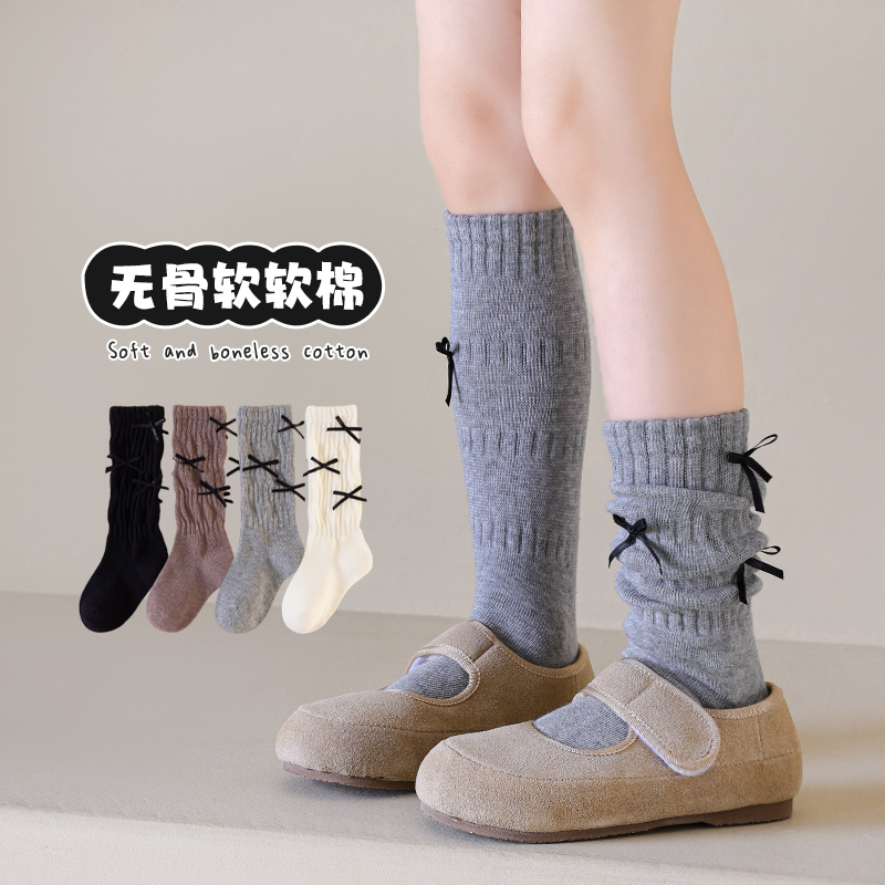 女童袜子纯棉春秋薄款儿童公主风蝴蝶结中筒袜韩国洋气宝宝长筒袜 - 图0