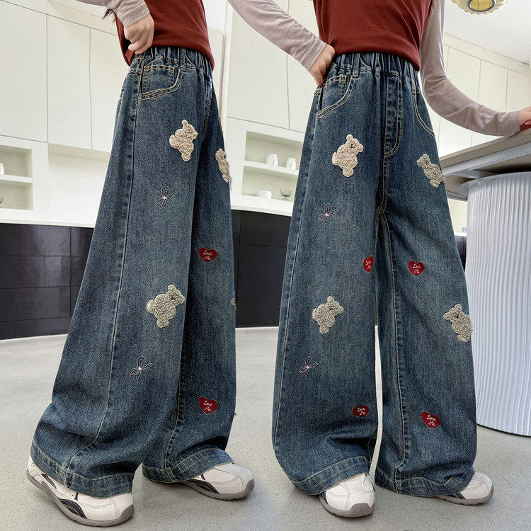 女童牛仔裤春秋款2025新款儿童毛巾绣直筒裤中大童休闲阔腿裤子,淘宝优惠券,粉丝福利购,淘宝优惠卷