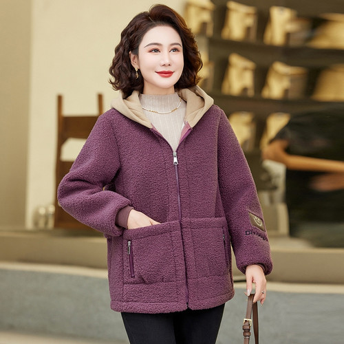 妈妈冬装颗粒外套洋气加绒棉袄新款加厚棉衣中老年羊羔绒保暖棉服 - 图0