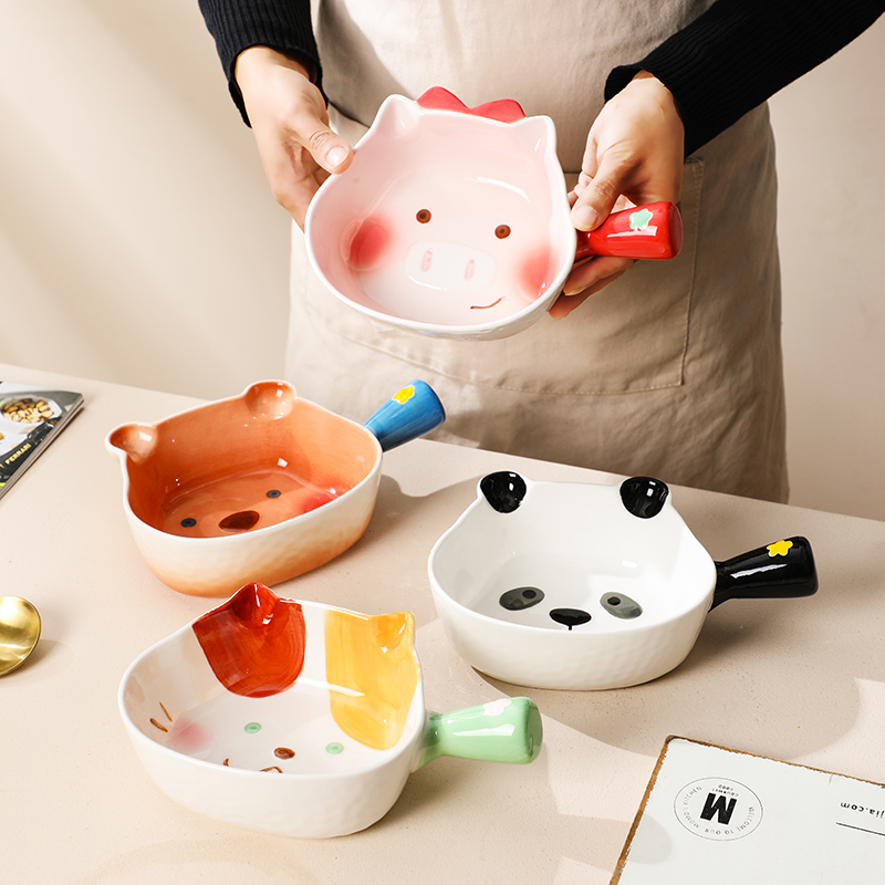 好看釉下彩卡通陶瓷单柄碗儿童学生可爱餐具泡面碗辅食饭碗手把碗 - 图0