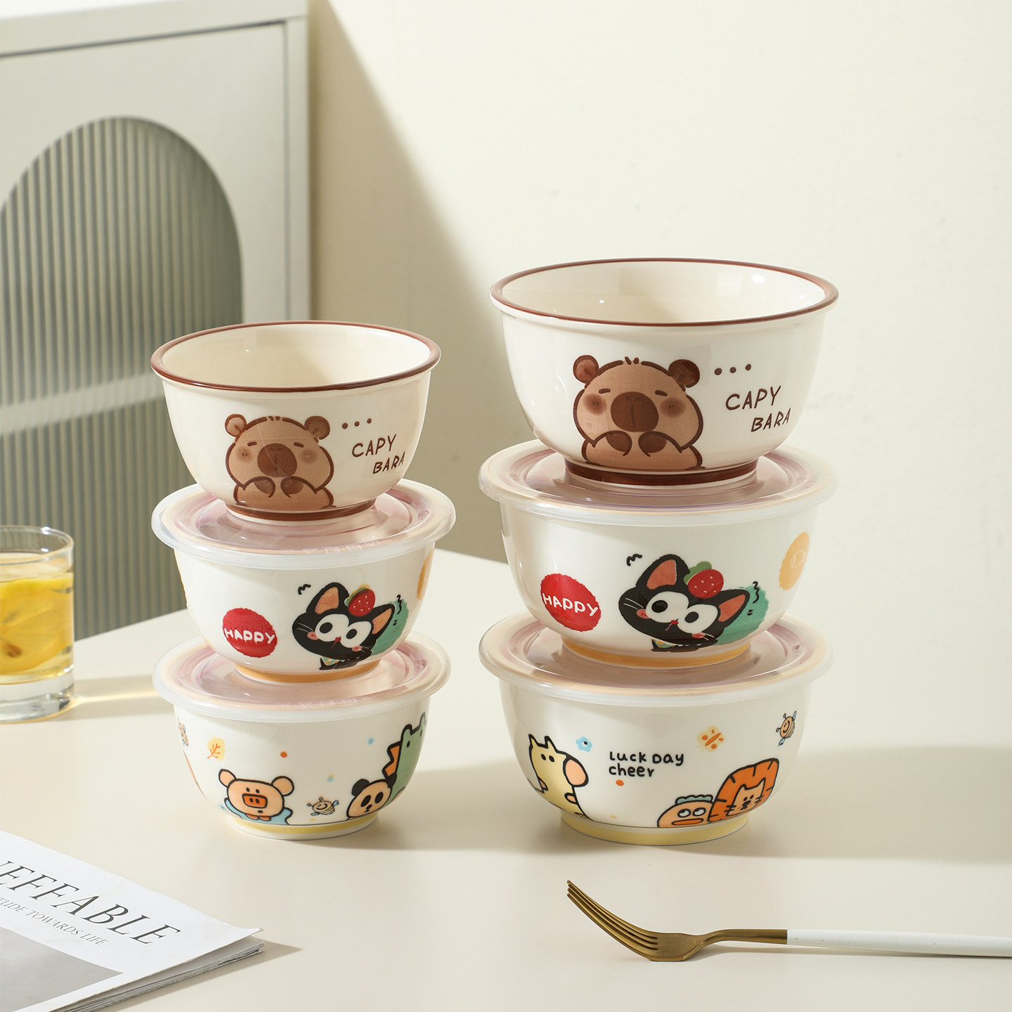 釉下彩陶瓷泡面碗带盖家用米饭碗餐具卡通水果酸奶碗个人专用碗