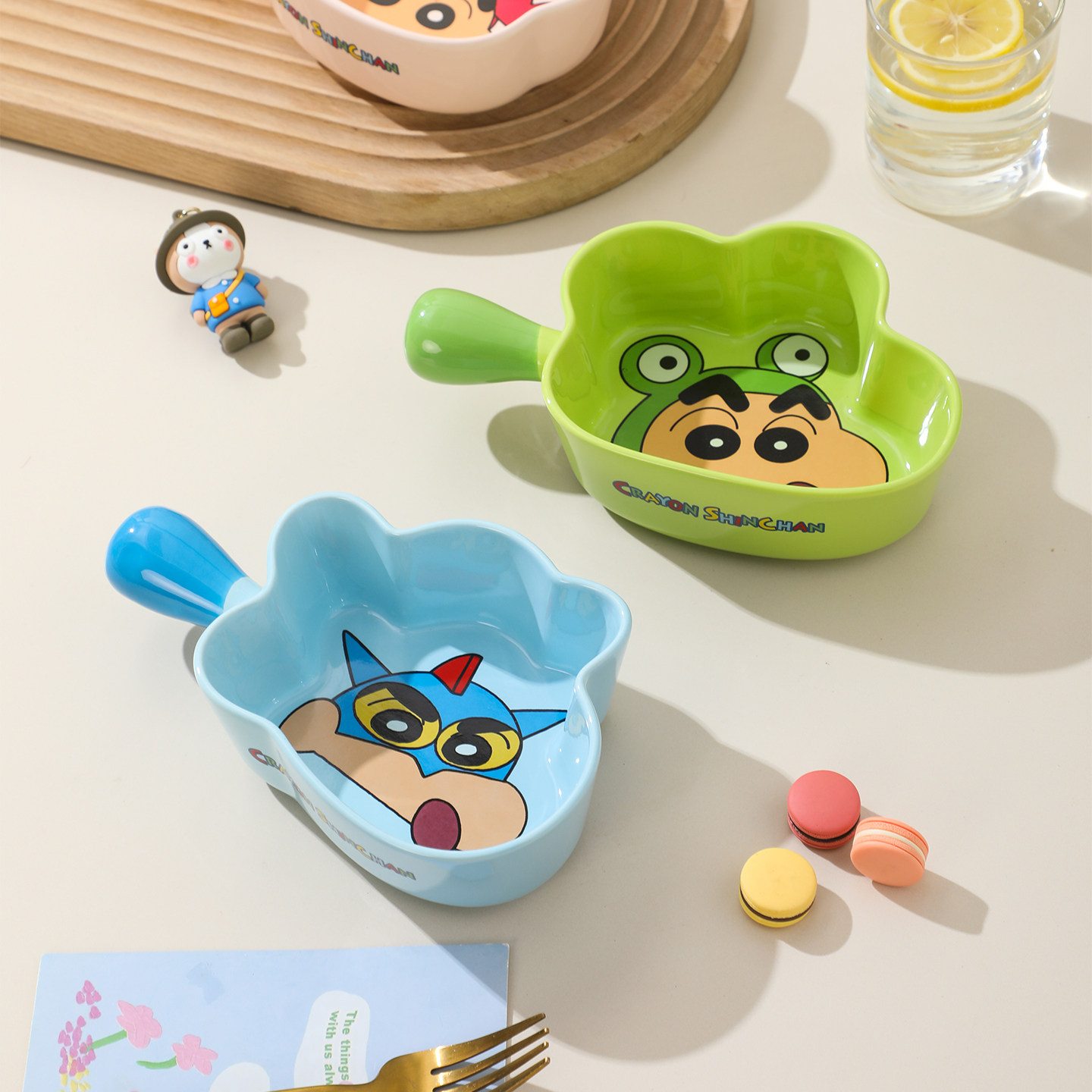 蜡笔小新陶瓷烤碗家用带手柄碗水果沙拉碗卡通学生宿舍单柄米饭碗