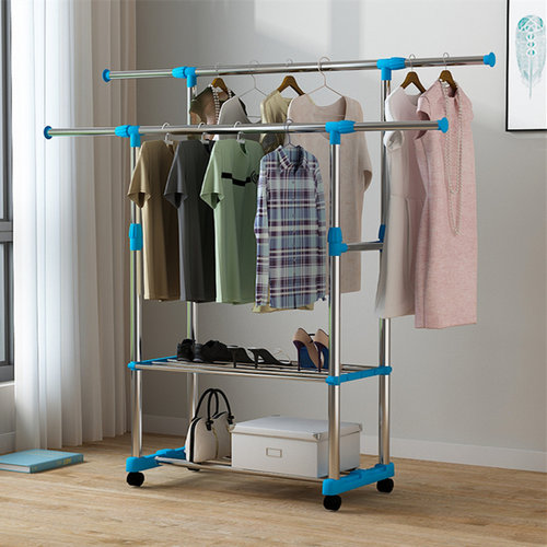 晾衣杆落地折叠室内晾衣杆挂衣架家用伸缩不锈钢卧室晾衣服阳台 - 图0