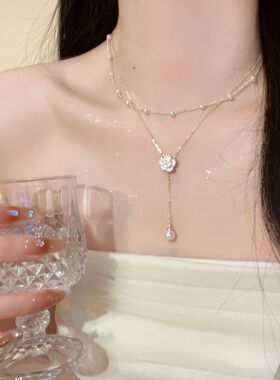 轻奢小众设计感双层流苏珍珠项链女超仙气质山茶花锁骨链颈链