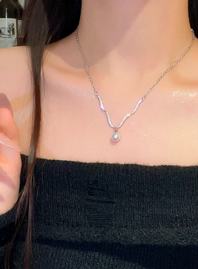 轻奢小众精致闪锆波浪珍珠项链女韩系百搭时尚气质钛钢锁骨