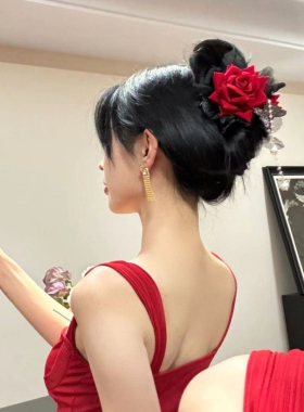 新铂思亚旗安可拉红色干枯玫瑰花朵抓夹大号女气质2024新款鲨鱼夹