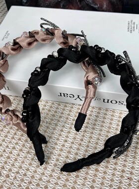 高级感时尚洋气头箍发饰头饰重工黑色蝴蝶结手工褶皱带齿细发箍女