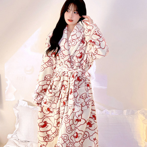 睡袍女秋冬季加厚珊瑚绒长袍外穿浴袍保暖长袖春秋法兰绒新款睡衣 - 图3