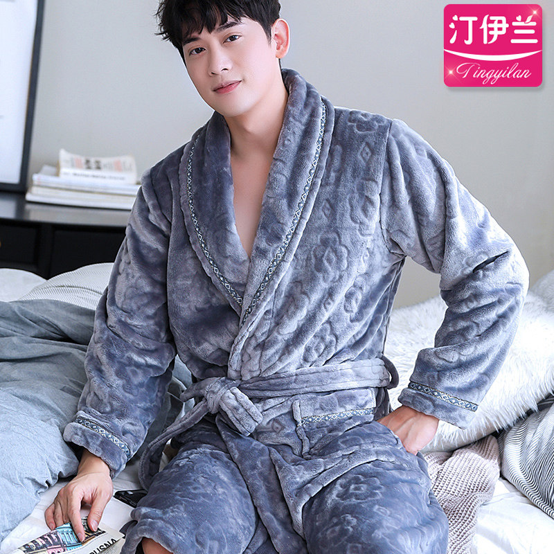 新款灰色男士加厚珊瑚绒冬天睡袍 汀伊兰睡袍/浴袍