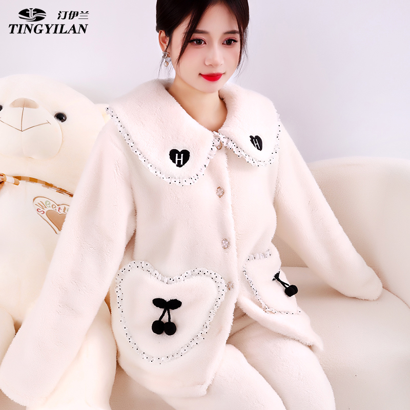 汀伊兰品牌爆款女士睡衣小香风高级保暖加绒加厚法兰绒家居服外穿 - 图0