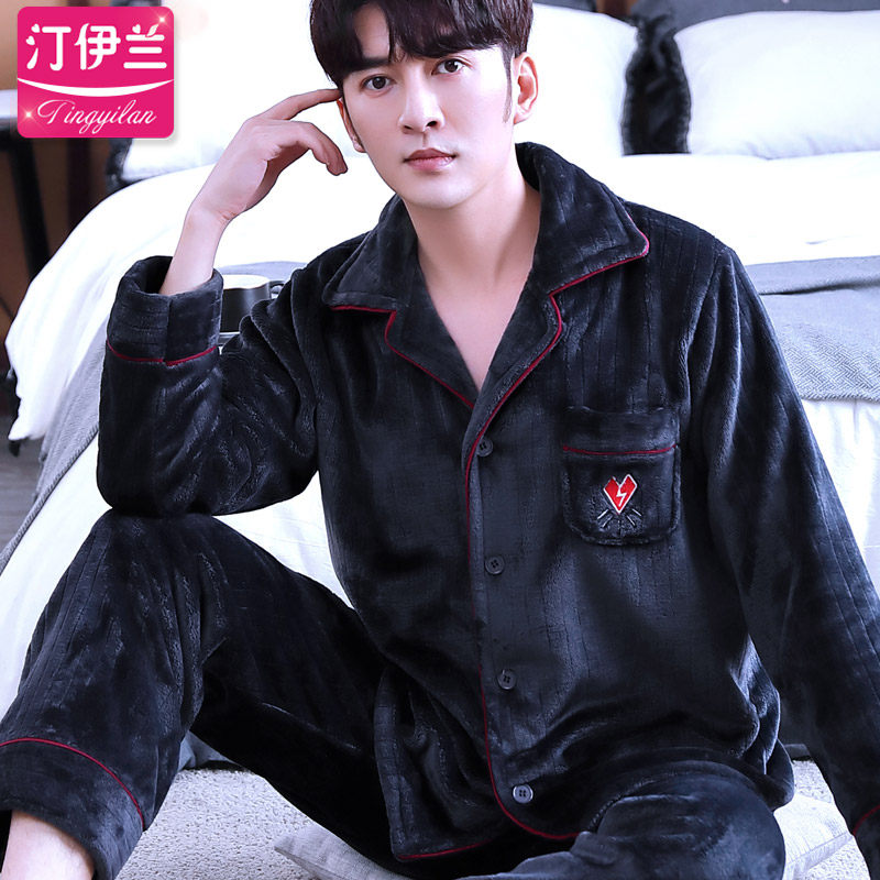 男套装秋冬季珊瑚绒加绒长袖睡衣 汀伊兰睡衣/家居服套装