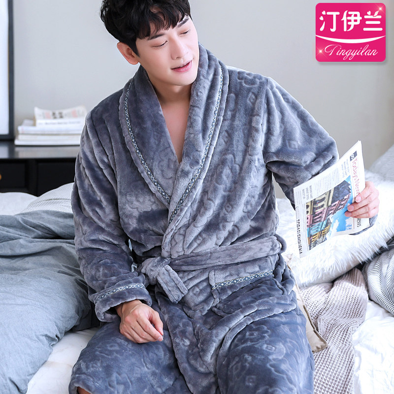 新款灰色男士加厚珊瑚绒冬天睡袍 汀伊兰睡袍/浴袍