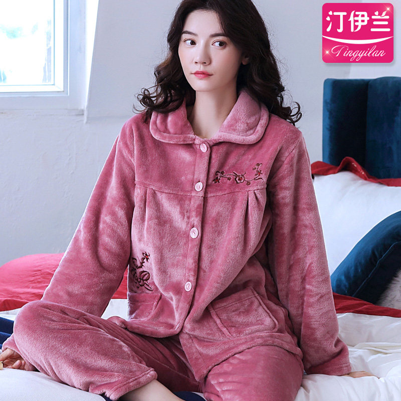 居家中老年加厚法兰绒长袖宽松睡衣 汀伊兰睡衣/家居服套装