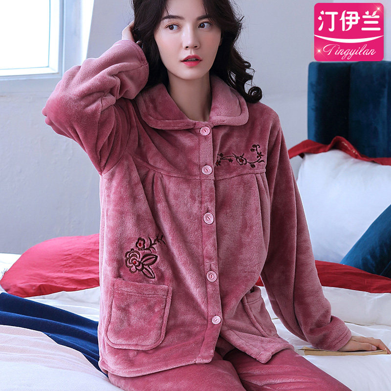 居家中老年加厚法兰绒长袖宽松睡衣 汀伊兰睡衣/家居服套装
