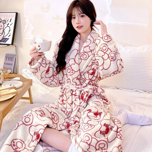 睡袍女秋冬季加厚珊瑚绒长袍外穿浴袍保暖长袖春秋法兰绒新款睡衣 - 图0