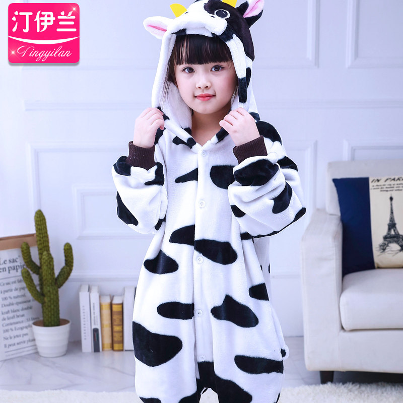 儿童卡通连体珊瑚绒动物奶牛睡衣 汀伊兰睡衣/家居服套装