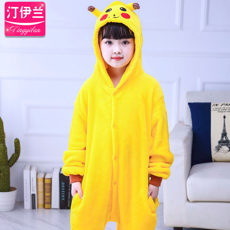 皮卡丘儿童卡通连体法兰绒睡衣 汀伊兰睡衣/家居服套装