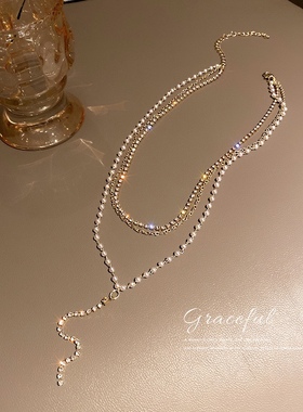 2024年新款女颈链日韩气质小众设计感锁骨链珍珠流苏多层叠戴项链